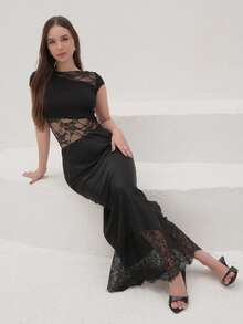 Duda Rubert Women's Contrast Lace Bodysuit With Capped Sleeves, Slim Fit & Sexy - Black - View 4