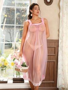 FloralLove Pink Mesh Patchwork 3D Floral Sheer Ruffle Romantic Countryside Elegant Sexy Nightgown For Women - Pink - View 4