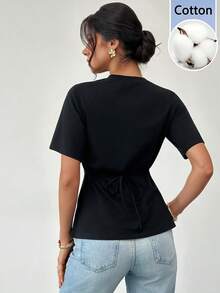 Firerie 女士黑色圆领抽绳短袖T恤，基础修身款，圆领，修身基本款，日常简约百搭针织上衣，春夏款，优雅，通勤，休闲，日常，简约，度假，工作 - 黑色 - 查看 3