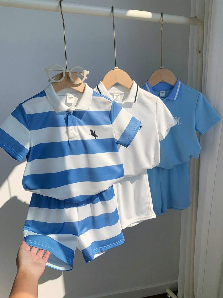SHEIN 6件套儿童男童休闲日常舒适印花罗纹Polo领半拉链宽松短袖上衣和短裤针织T恤套装，3种款式各一件，共6件。 - 彩色 - 查看 1