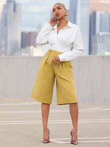 Vixey High Waist Pleated Detail Wide Leg Culotte Pants - Yellow - View 1