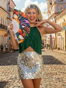 CAJUNI Women's Boho Tropical Olive Green Crinkle Fabric, Leisure Beach Vacation Tasseled Halter Cropped Top - Green - View 5