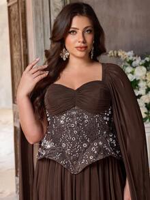 Aureia Đầm dạ hội sang trọng, màu nâu cà phê, cổ hình trái tim, tay bồng, thêu đính cườm, thiết kế xếp nếp, dáng chữ A, phù hợp cho mọi dịp trang trọng, mùa cưới, dạ tiệc (thiết kế được trang trí cầu kỳ). - Cà phê nâu - Xem 4