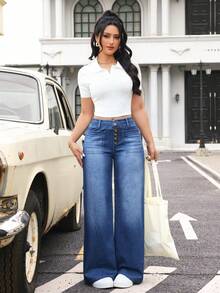 Flexra Women's Casual Pocket Versatile Daily Wear Wide Leg Jeans - Blue - View 7