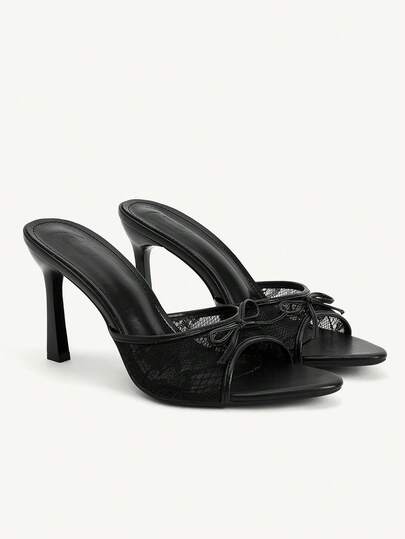 CUCCOO CHICEST 女士鞋履春夏新款黑色蕾丝网眼蝴蝶结露趾高跟凉鞋拖鞋时尚舒适百搭优雅性感派对女士凉鞋露趾凉鞋