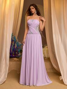 Glamrae Đầm dạ hội trang trọng, thanh lịch và sang trọng màu tím nhạt, thêu đính cườm, phối lưới, trang trí pha lê thủ công, không dây vai, xếp ly với chân váy xếp tầng rộng và đuôi váy dài, dành cho nữ. - Màu tím hoa cà - Xem 8