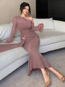 DAZY Elegant Solid Color Asymmetric Ruched Butterfly Decor Fishtail Midi Dress For Women, Autumn Sundress - Pink - View 4