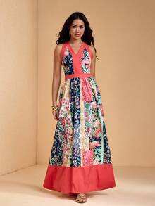 JIAN LASALA 多色印花撞色V领无袖女士夏季休闲长裙度假装 - 彩色 - 查看 3