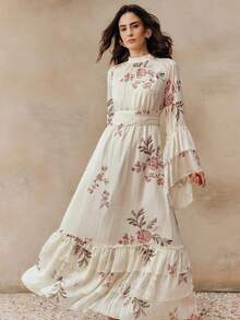 Anewsta Elegant Women's Long Chiffon A-Line Dress With Ruffle Hem And Stand Collar Extra-Long Raglan Sleeves In Apricot Plant Print - Apricot - View 3