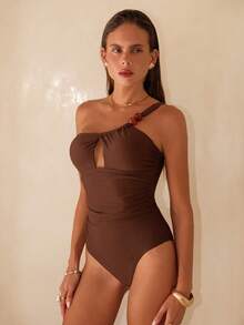 Swim Chiccia Women's Solid Color Ruched One-Piece Swimsuit,Coffee Brown Elegant Summer Vacation Outfits,Holiday Beach Pool Party Beachwear For Women - Brown - View 5