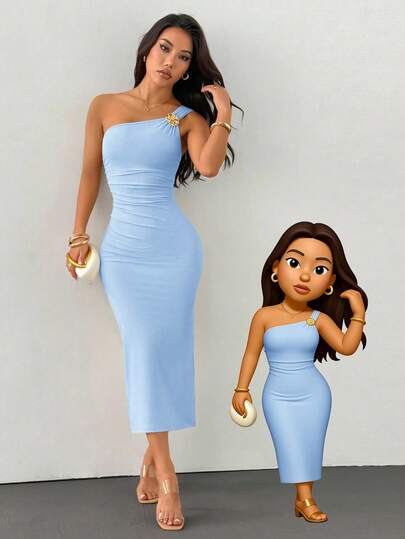 SHEIN PETITE Light Blue Color Brooch Decor Asymmetric Neck Ruched Fishtail Skirt