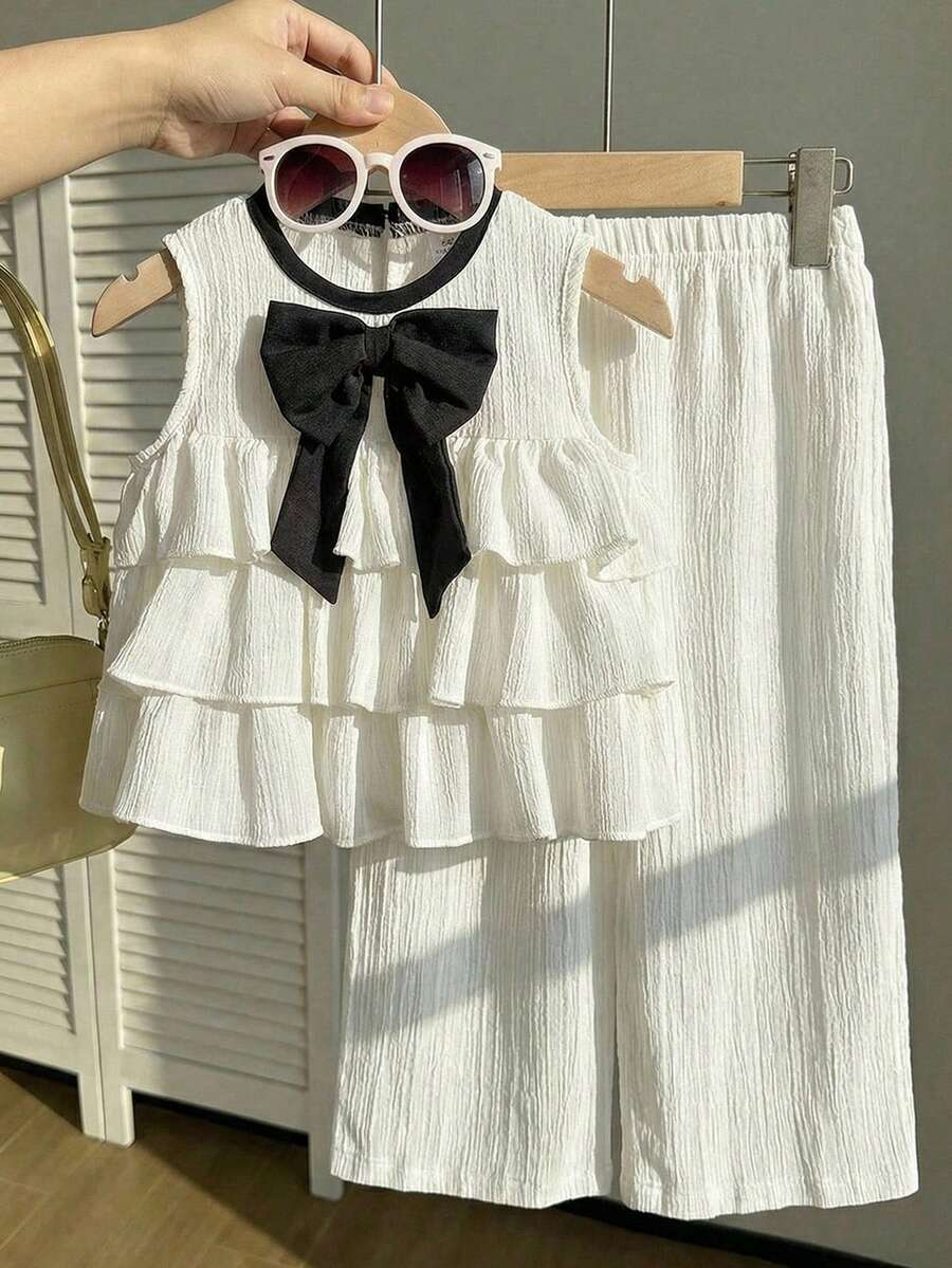 2件套女童时尚可爱3D蝴蝶结装饰无袖背心和七分裤套装,适合日常穿着,春夏皆宜 - 黑與白 - 查看 1