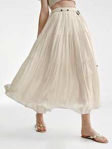 Aveloria Modichic New Fashion Vacation Style Casual Women's Elegant Patchwork Long Skirt, Suitable For Beach, Office, Generous And Stylish With Extra-Large Hem - Apricot - View 6