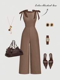 SHEIN MOD جمبسوت خضراء كاكي بدون أكمام وياقة مستديرة، مزينة بشريط تباين وفيونكة، تصميم مخصر وتنورة مُنفرجة - طراز محكمة عتيق، إحساس المال القديم، مناسبة للعمل والعودة إلى المدرسة والمواعدة والحفلات والمهرجانات وأعياد الميلاد