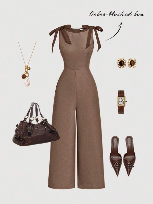 SHEIN MOD جمبسوت خضراء كاكي بدون أكمام وياقة مستديرة، مزينة بشريط تباين وفيونكة، تصميم مخصر وتنورة مُنفرجة - طراز محكمة عتيق، إحساس المال القديم، مناسبة للعمل والعودة إلى المدرسة والمواعدة والحفلات والمهرجانات وأعياد الميلاد