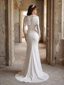 Aureia Elegant, Minimalist, Charming, White Knit, Mesh, Pearl, Large Bow Embellishment, Round Neck, Faux Two-Piece, Mermaid Skirt With Train. Suitable For Weddings, Bridal Gowns, Heavily Embellished Wedding Dresses. - White - View 4