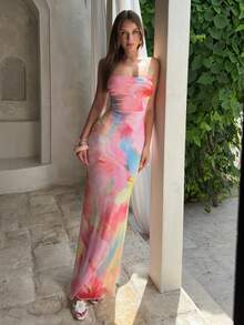 Aloruh Women's Tie-Dye Pattern Strapless Fishtail Hem Fitted Fashionable Dress - Multicolor - View 6