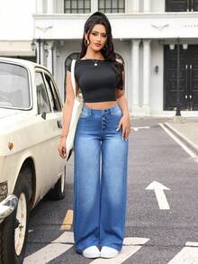 Flexra Women's Pocket Button Casual Versatile Daily Wear Wide Leg Jeans - Blue - View 7