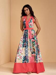 JIAN LASALA 多色印花撞色V领无袖女士夏季休闲长裙度假装 - 彩色 - 查看 4