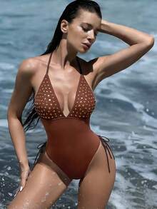 Swim SXY 新款女士挂脖式连体泳衣，金色箔印比基尼，带抽绳 - 棕色 - 查看 2