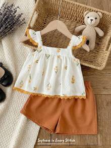 Cozy Pixies 2pcs Baby Girl Floral Print Ruffle Trim Sleeveless Top And Elastic Waist Pants Set - Multicolor - View 1