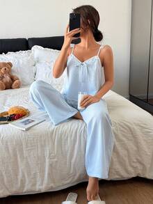 浅蓝色花卉边饰吊带背心和裤子女士睡衣套装 - 藍色 - 查看 5