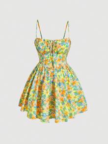 SHEIN MOD Plus Allover Floral Print Tie Front Cami Dress, Summer,Beach Dress Sundress,Holiday Outfits Boho,Corset Dress - Yellow - View 1