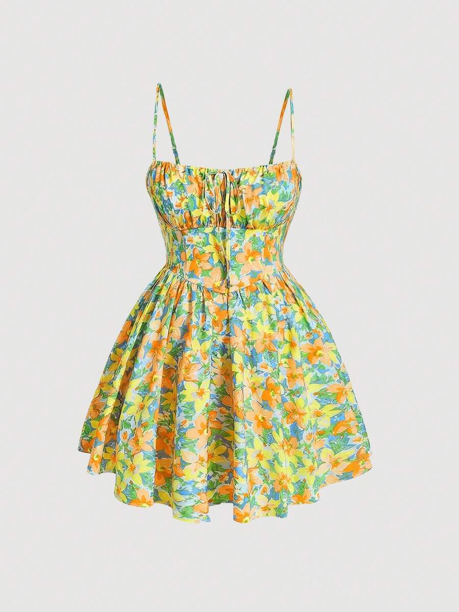 SHEIN MOD Plus Allover Floral Print Tie Front Cami Dress, Summer,Beach Dress Sundress,Holiday Outfits Boho,Corset Dress - Yellow - View 1