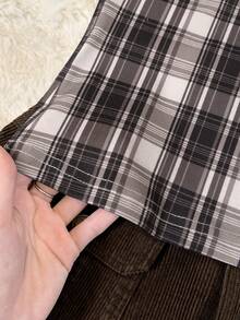 INAWLY 女士格子金属装饰褶皱休闲百搭日常上衣 - 棕色 - 查看 5