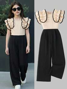 Summer New Fashion Elegant Slim Fit Sleeveless Top With Ruffle Hem Decor, Stylish Ruffle Hem Decor Black & Apricot Color Matching Jumpsuit For Women - Multicolor - View 2