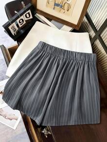 Franclia 女士夏季高腰条纹A字裙，内置短裤，松紧腰，休闲时尚的年轻风格 - 灰色 - 查看 2