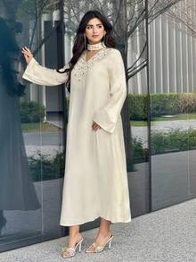 Yasmyna Women's V-Neck Casual Loose Dress, Suitable For Casual Gatherings, Parties And Outings - Apricot - View 1