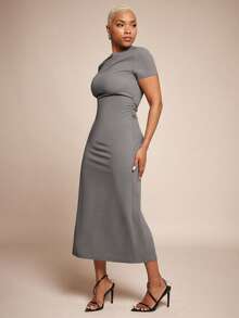 Vixey 纹理针织圆领短袖中长款摆裙 - 灰色 - 查看 4