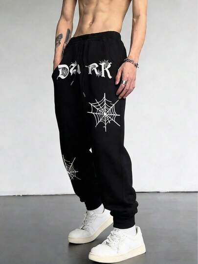 Pantalones de chándal casuales para hombres con estampado de telaraña y letras, con cordón en la cintura y bolsillos en diagonal, pantalones de chándal largos y holgados con gráfico de Halloween para salir, para regalos de esposo o novio, para rave