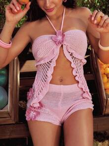 ROMWE Island Vacation Style Casual Halter Neck Tie Camisole And Ultra Low-Rise Shorts Women 2 Pieces Set - Pink - View 3