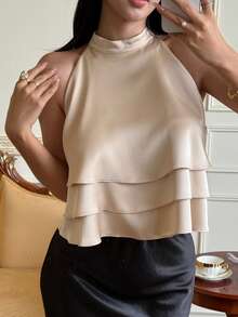 DAZY Blusa sin mangas de unicolor de estilo casual para mujer - Albaricoque - Ver 6