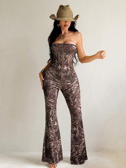 Sirith Women's Casual Leopard & Zebra Print Tube Top Jumpsuit Flare Pants For Daily Wear & Dates