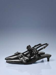 CUCCOO GRLICON 酒红色漆皮尖头金属双扣猫耳女式高跟鞋 - 黑色 - 查看 2