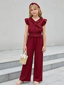 SHEIN Set de 2 piezas para niña preadolescente con top corto de cuello en V con mangas con volantes y textura de jacquard, y pantalones de cintura elástica. Conjunto casual para vacaciones, primavera y verano, vacaciones, verano, viajes - Burdeos - Ver 2