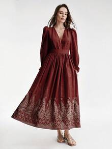 Aveloria Modichic New Elegant Waist-Cinched V-Neck Single-Sided Embroidered Petal Sleeve Long Dress - Multicolor - View 1