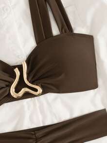 Swim Chiccia 2 sztuki/zestaw damski, jednolity kolor, khaki, krótki top z metalowym paskiem i obcisłymi spodenkami, komplet kąpielowy dla kobiet - Kawowy brązowy - Zobacz 5