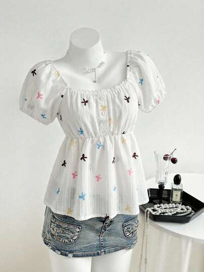 1pc Girl's Vintage Sweet-Style Top,White,Summer,Cute,School,Back-To-School Pearl Trim Polka Dots Puff Short-Sleeve Square-Neck Gathered Waist Blouse