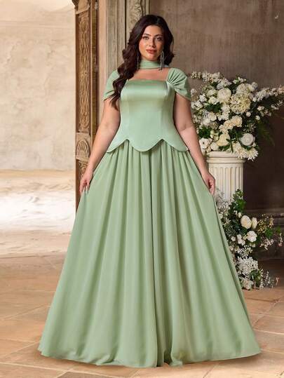 Aureia Plus Size Elegant Luxurious Green Square Neck Hanging Sleeve Elastic Knit Satin Pleated Maxi Dress With Halter, Suitable For Weddings, Events, Singles Parties, Vacations, Balls, Bridesmaid (Exquisite Design)
