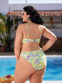 Swim Mod Plus Size Ditsy Floral 2 Pieces Bikini Set With Underwire, Beach Swimwear - Yellow - View 2