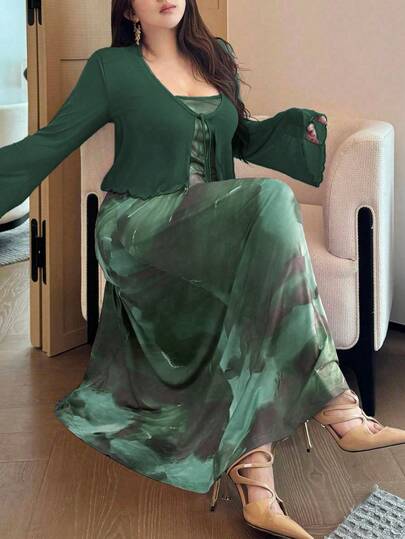 Vibekara Plus Size Women's Tie-Dye Print Slip Dress And Twist Front Semi-Sheer Flare Sleeve Cardigan Set, Elegant Resort Style, Spring/Summer/Autumn