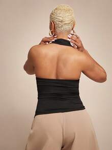 Vixey 纯色针织露背不对称下摆金属饰边上衣 - 黑色 - 查看 5