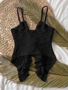GlowEve CURVE Boho Plus Size Spaghetti Strap Cami Top With Lace Up And Asymmetrical Hem - Black - View 2