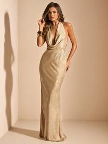 SHEIN BAE Women's Elegant Summer Gold Textured Dress, Plunging Backless Party Dress,Suitable For Nightclub,Brunch,Wedding Guest&Bridesmaid Deep V Dress - Gold - View 6