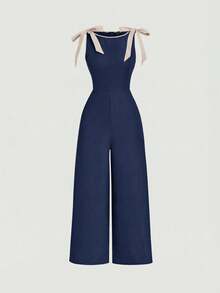 SHEIN MOD Bộ jumpsuit kaki không tay cổ tròn với viền tương phản, điểm nhấn nơ, thiết kế eo thon và chân váy xòe – Phong cách cổ điển, sang trọng, phù hợp cho công sở, đi học, hẹn hò, dự tiệc, lễ hội và sinh nhật. - Màu xanh hải quân - Xem 5