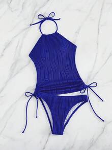 Swim Lushoire 女士纯色抽绳纹理面料吊带露背度假吊带比基尼上衣 - 藍色 - 查看 5